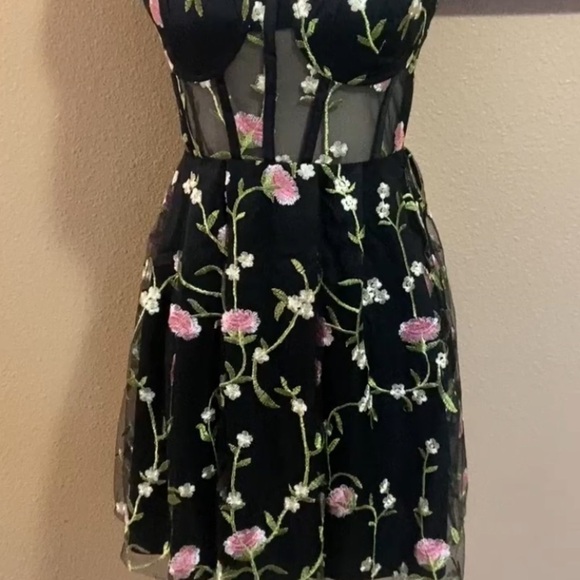 Lulus naturally charming black floral embroidered bustier mini dress - Picture 4 of 15